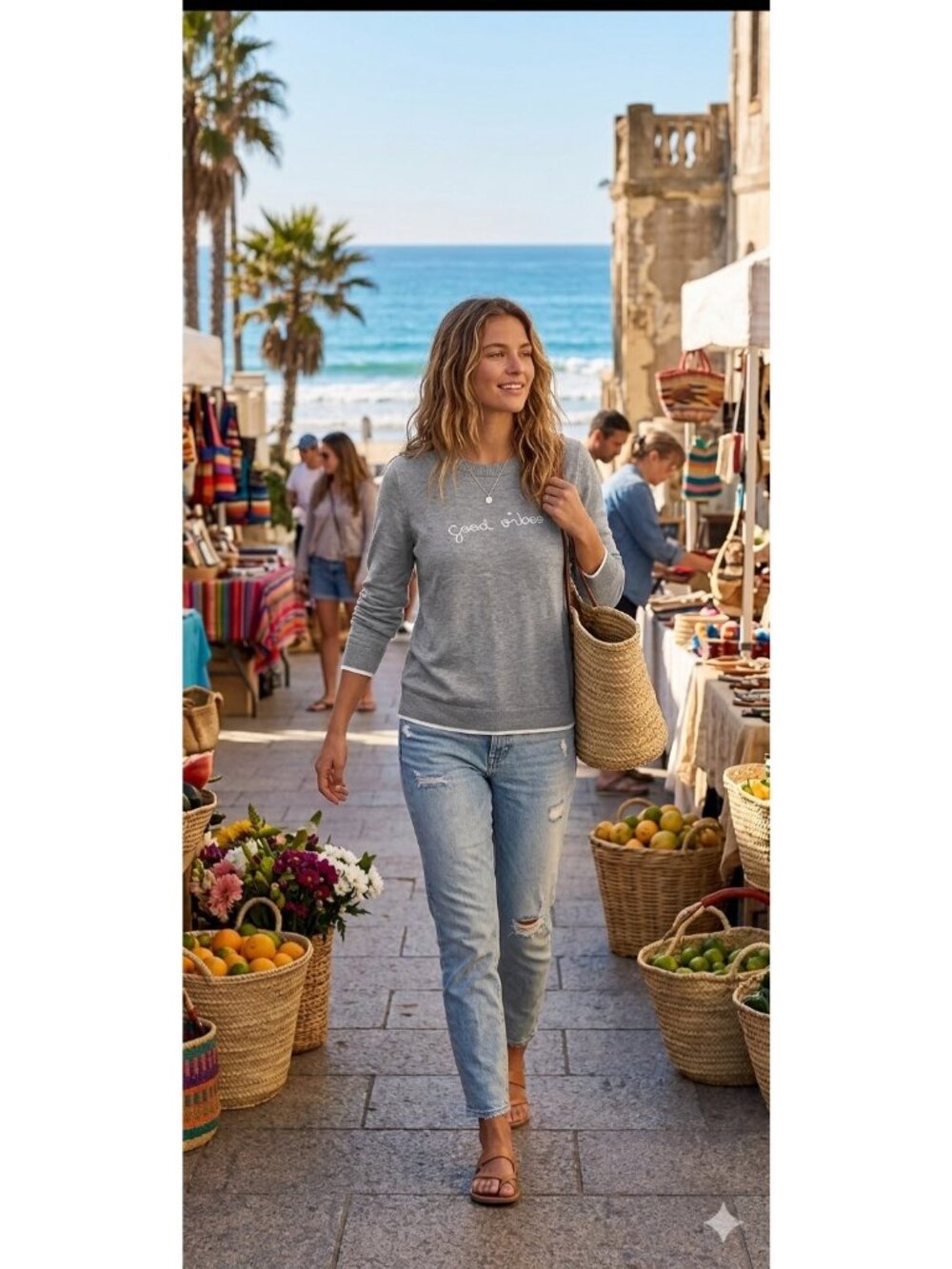 Rachel Zoe Good Vibes Cashmere Blend Sweater Gray Size L Coastal Preppy Spring - Picture 1 of 12